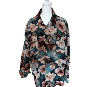 Floral Button-Up Blouse in Teal and Pink